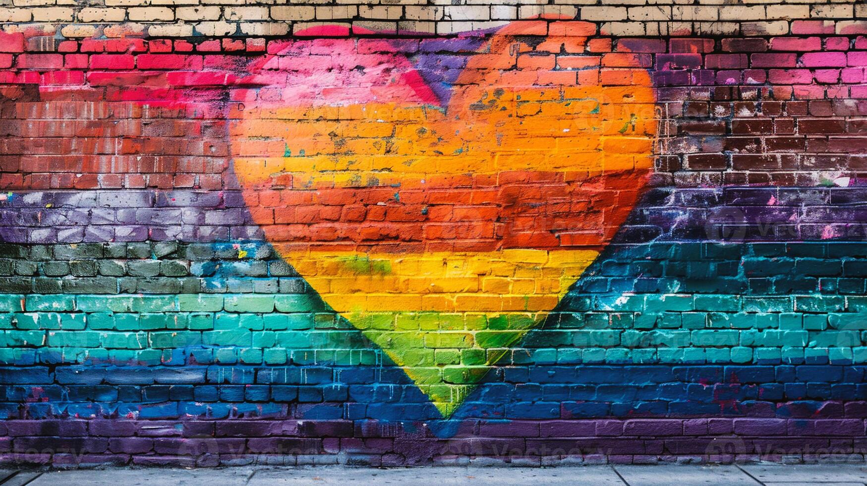 ai generado vistoso pintado corazón en un ladrillo pared. calle Arte concepto. foto