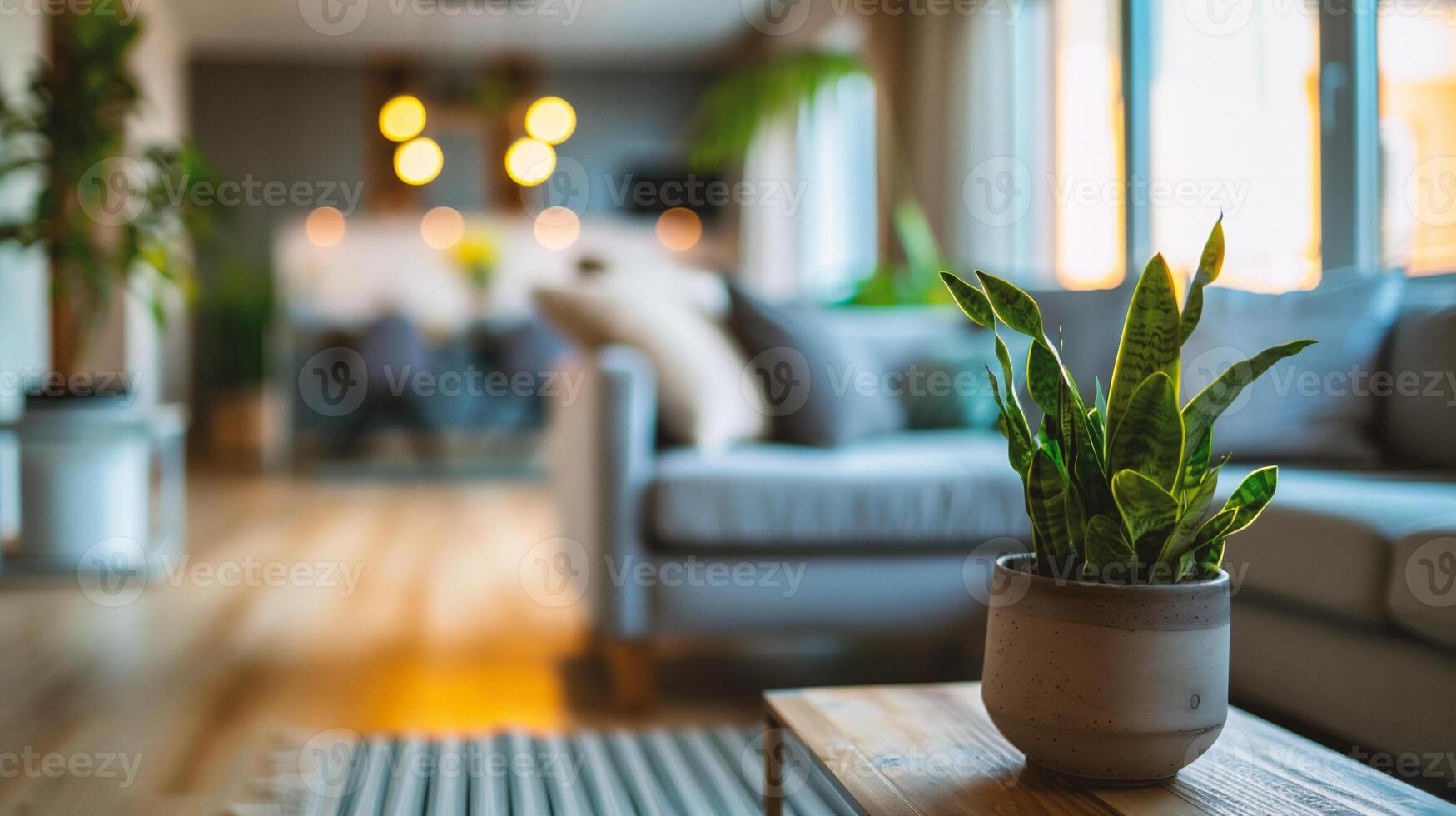 AI generated Flower pot on wooden table in modern living room. Blurred background photo