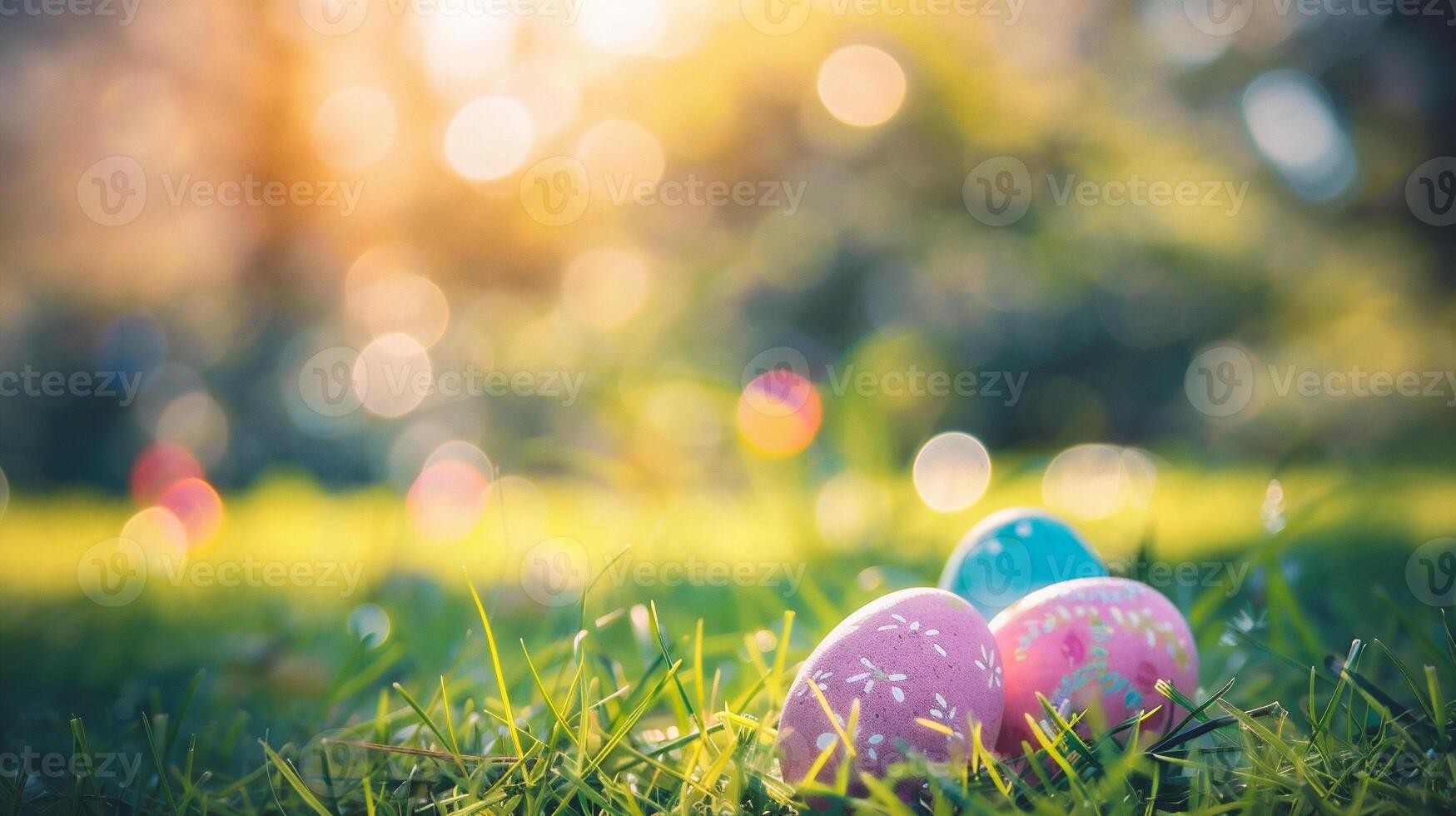 AI generated Easter egg in the grass with bokeh background. Happy Easter photo