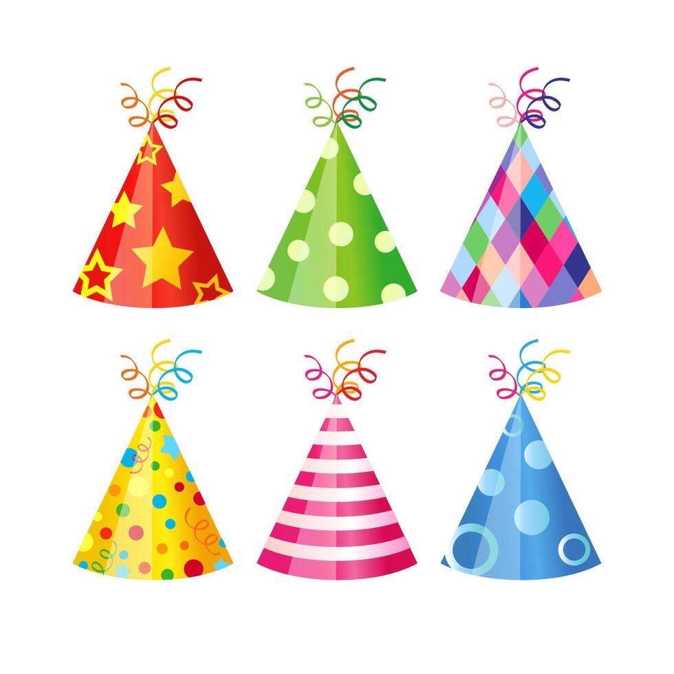 Set of realistic party hats. Holiday hat collection, 3D design. Isolated icons with clipping mask. Celebrating event items. Tempate for postcard, gift card or birthday banner. Greeting card element. vector