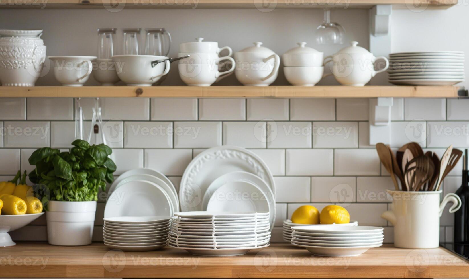 AI generated Closeup of clean plates on countertop in modern kitchen at home photo