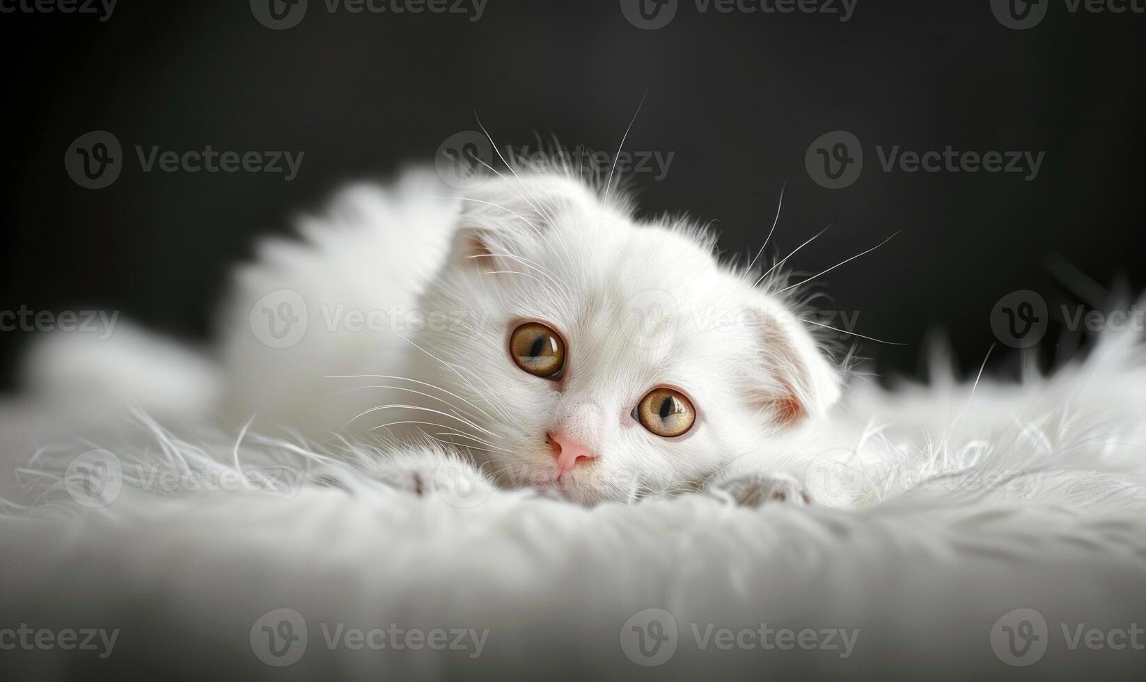 AI generated White Scottish Fold kitten on white blanket, close-up portrait photo