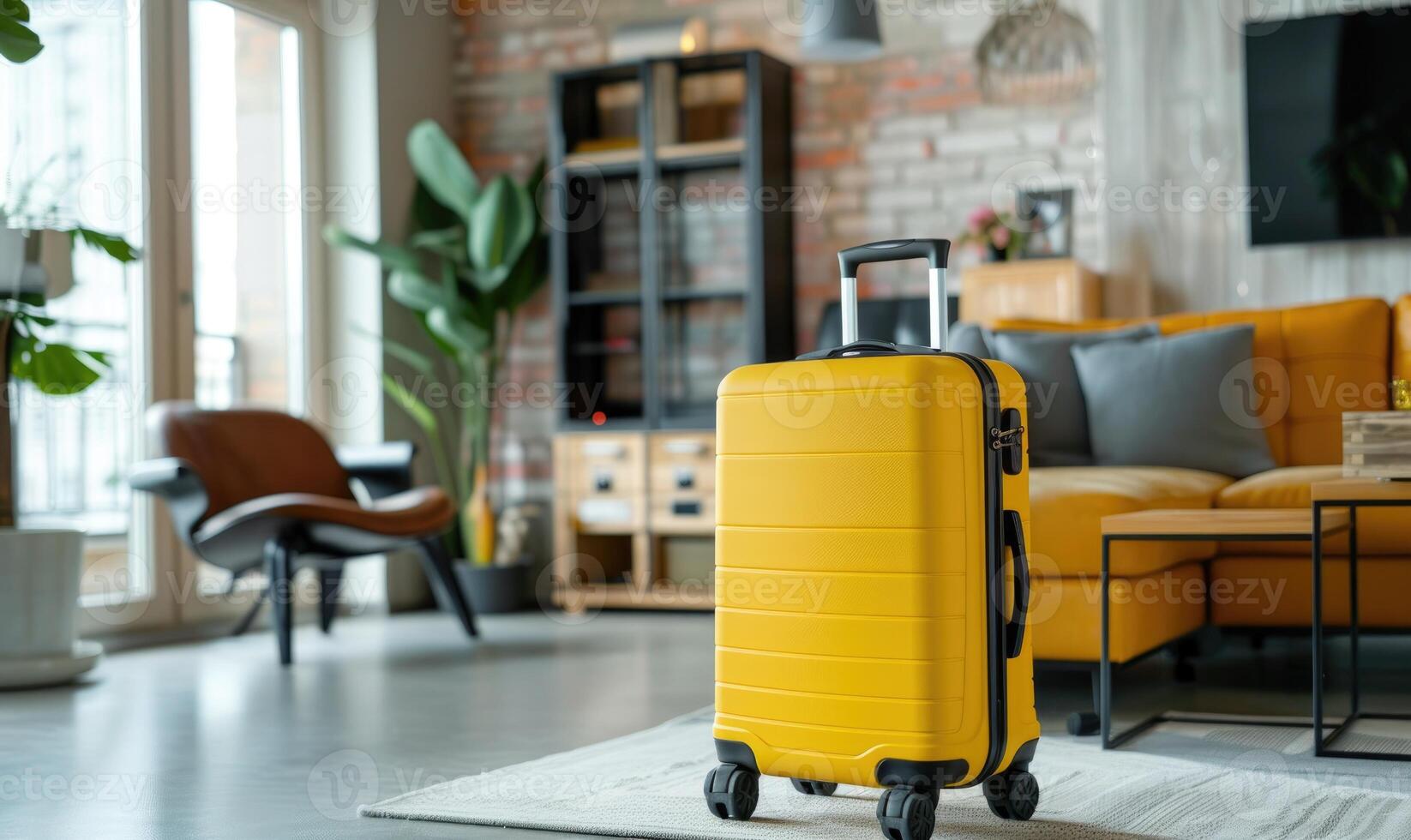 AI generated Yellow suitcase on the floor in the living room. Travel concept. photo