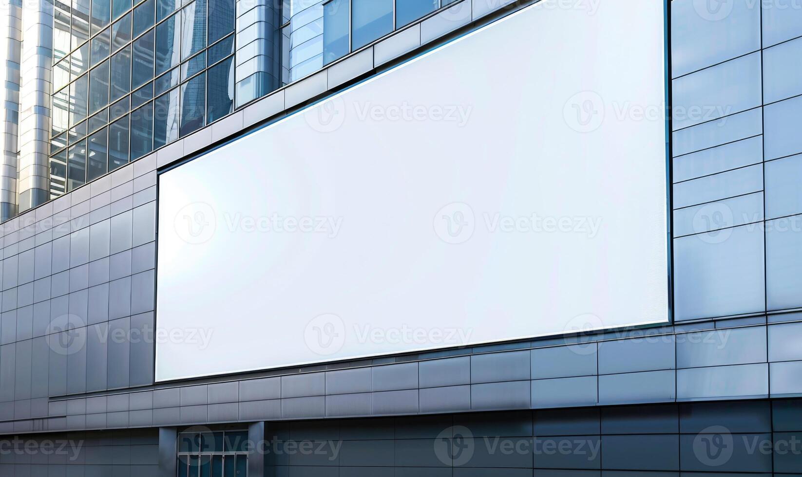 ai generado blanco pantalla bandera Bosquejo desplegado en el moderno edificio fachada. cerca arriba vista. foto