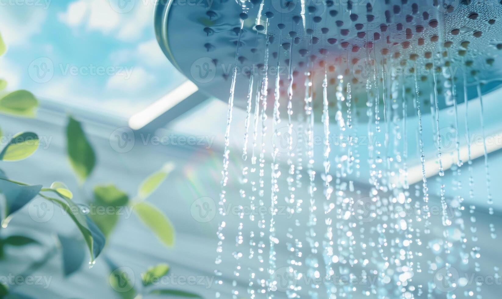 AI generated Shower head with water drops and green plants in the bathroom. photo