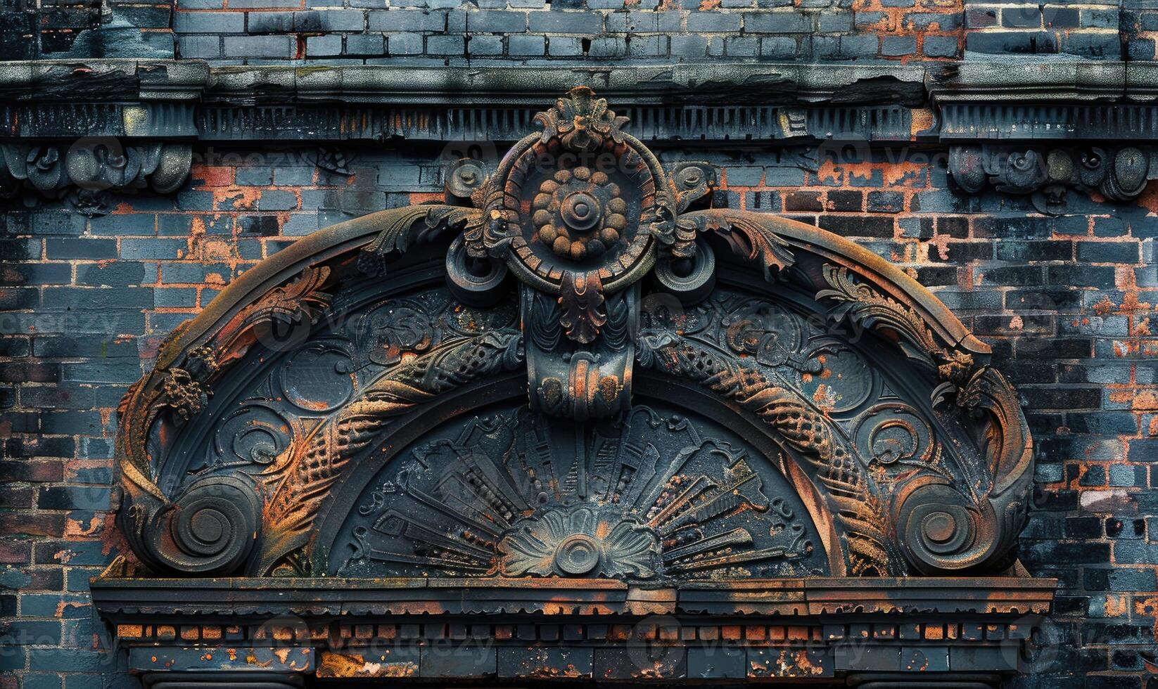 AI generated Fragment of the facade of an old brick building with a decorative ornament. photo