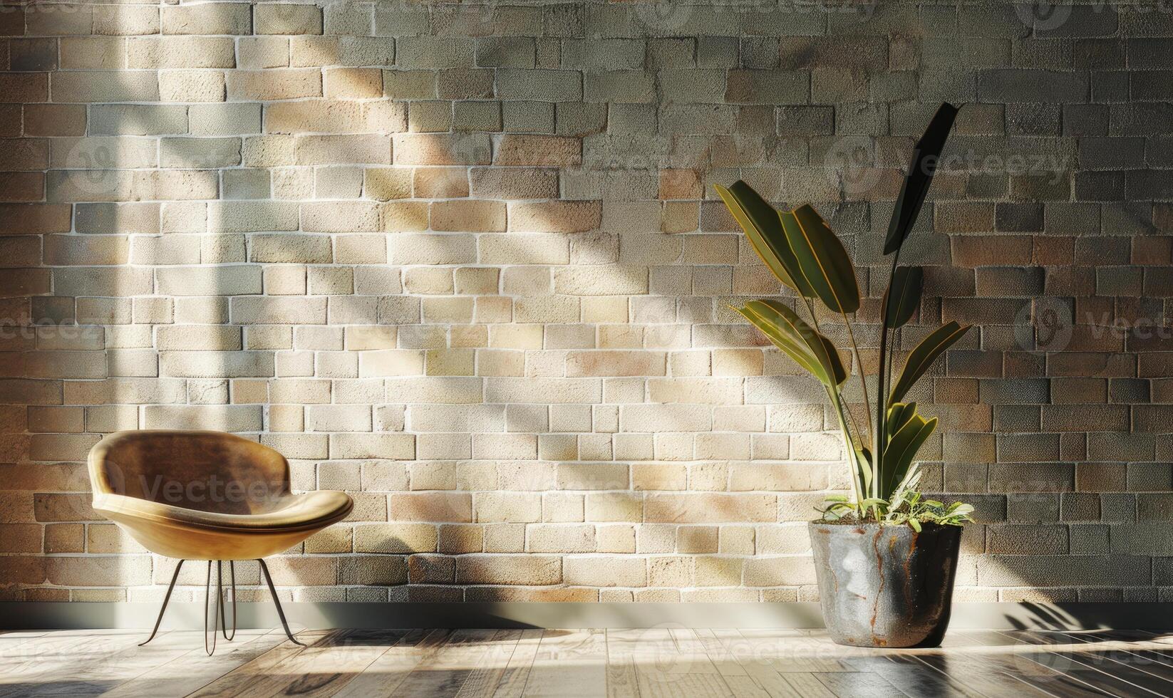 ai generado interior de moderno vivo habitación con blanco ladrillo pared y verde planta en maceta foto