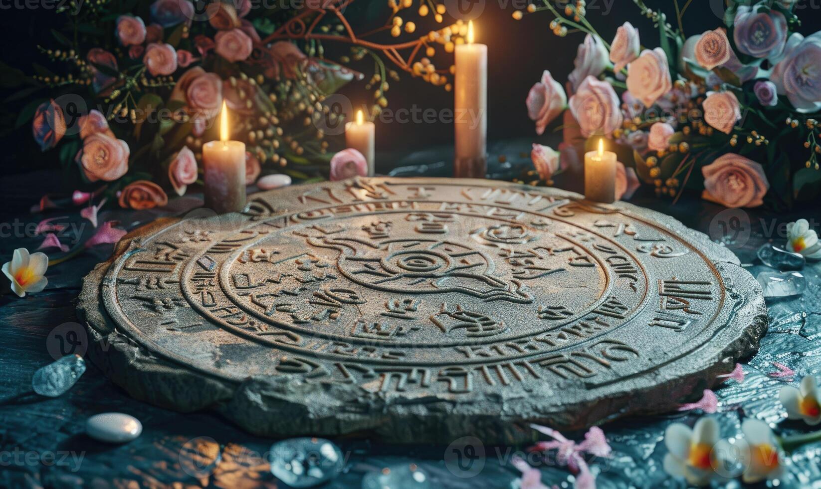 AI generated Zodiac signs on a stone plate with candles and flowers photo