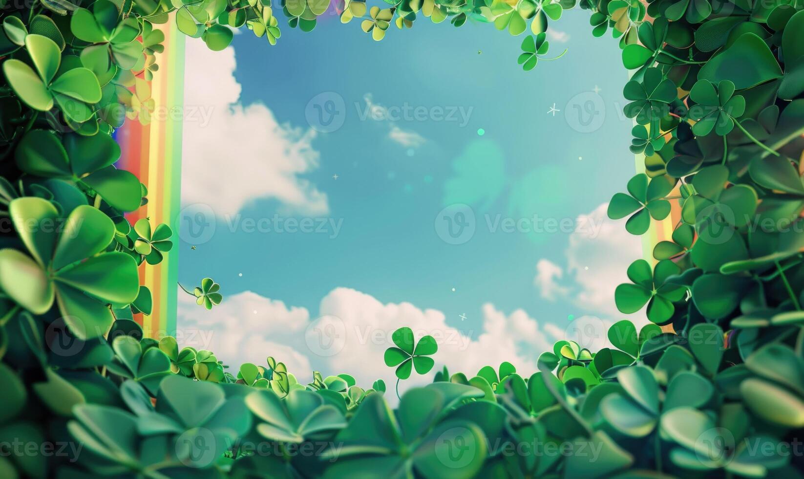 AI generated St. Patrick's Day background with clover leaves. Space for text. Card template. photo