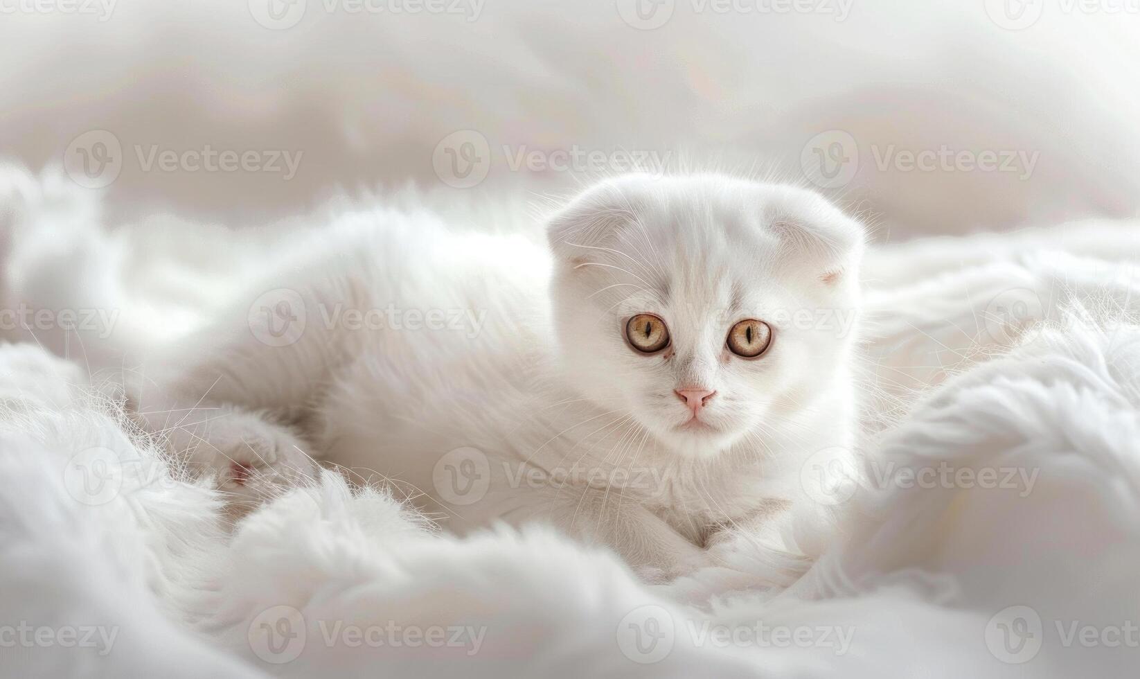 AI generated White Scottish Fold kitten on white blanket, close-up portrait photo