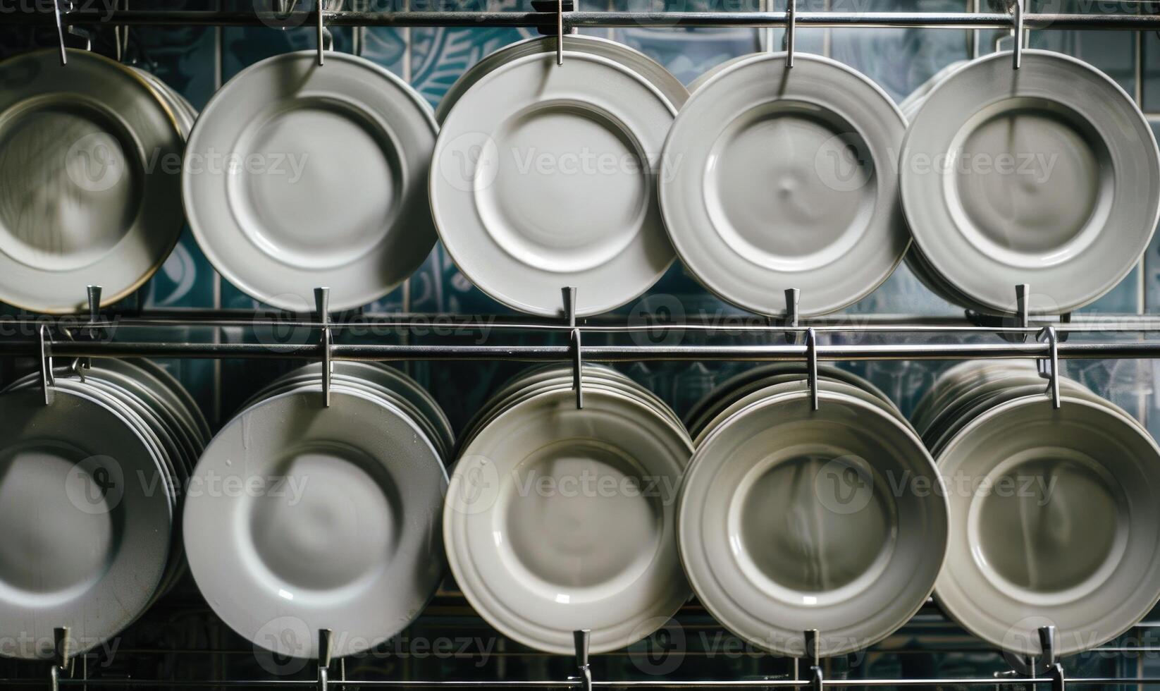 AI generated Set of clean white ceramic plates and cups on a shelf in the kitchen photo