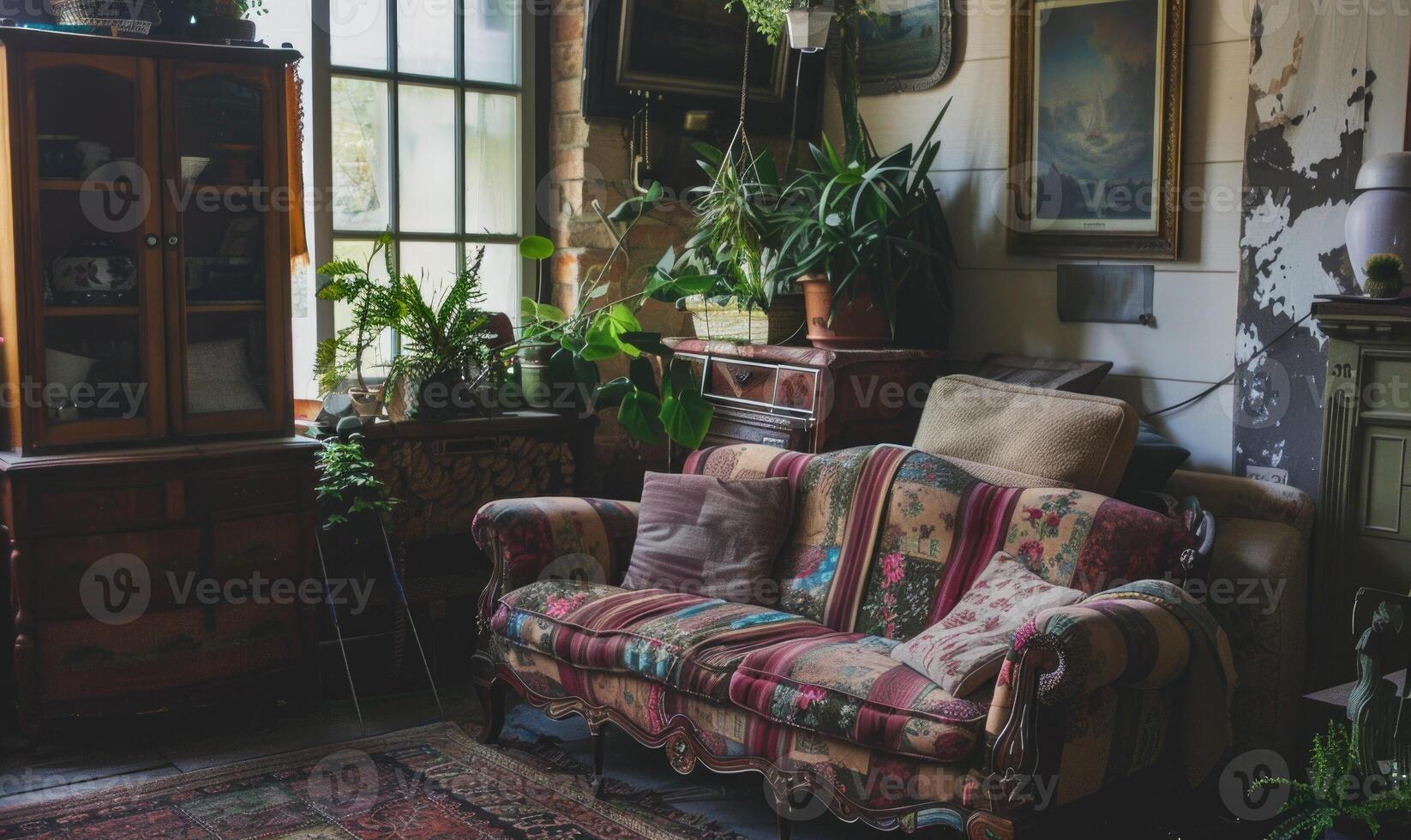 AI generated Interior of a living room with vintage furniture, armchair and plants photo