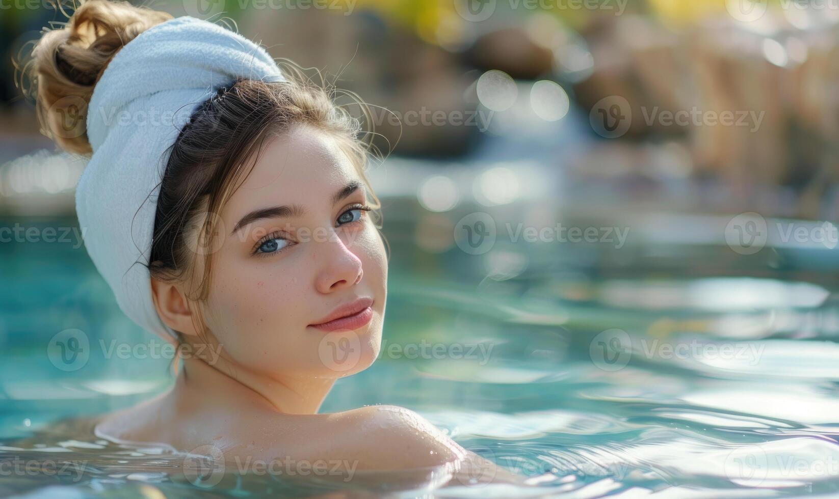 AI generated Portrait of young beautiful woman relaxing in swimming pool at spa resort photo