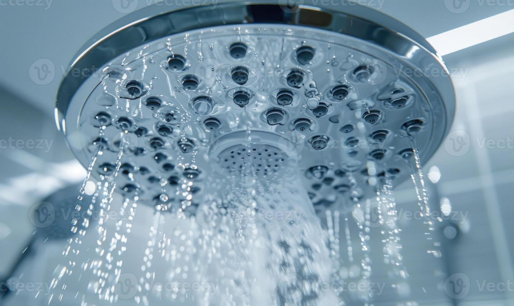 AI generated Shower head with water drops. Shower head with running water photo