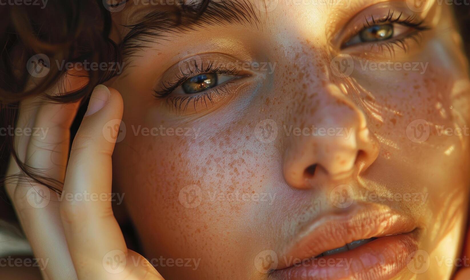AI generated Close up portrait of a beautiful young woman with freckles on her face photo