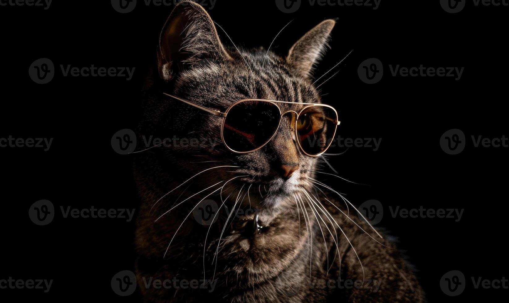 AI generated Closeup portrait of a cat wearing sunglasses on a black background. photo