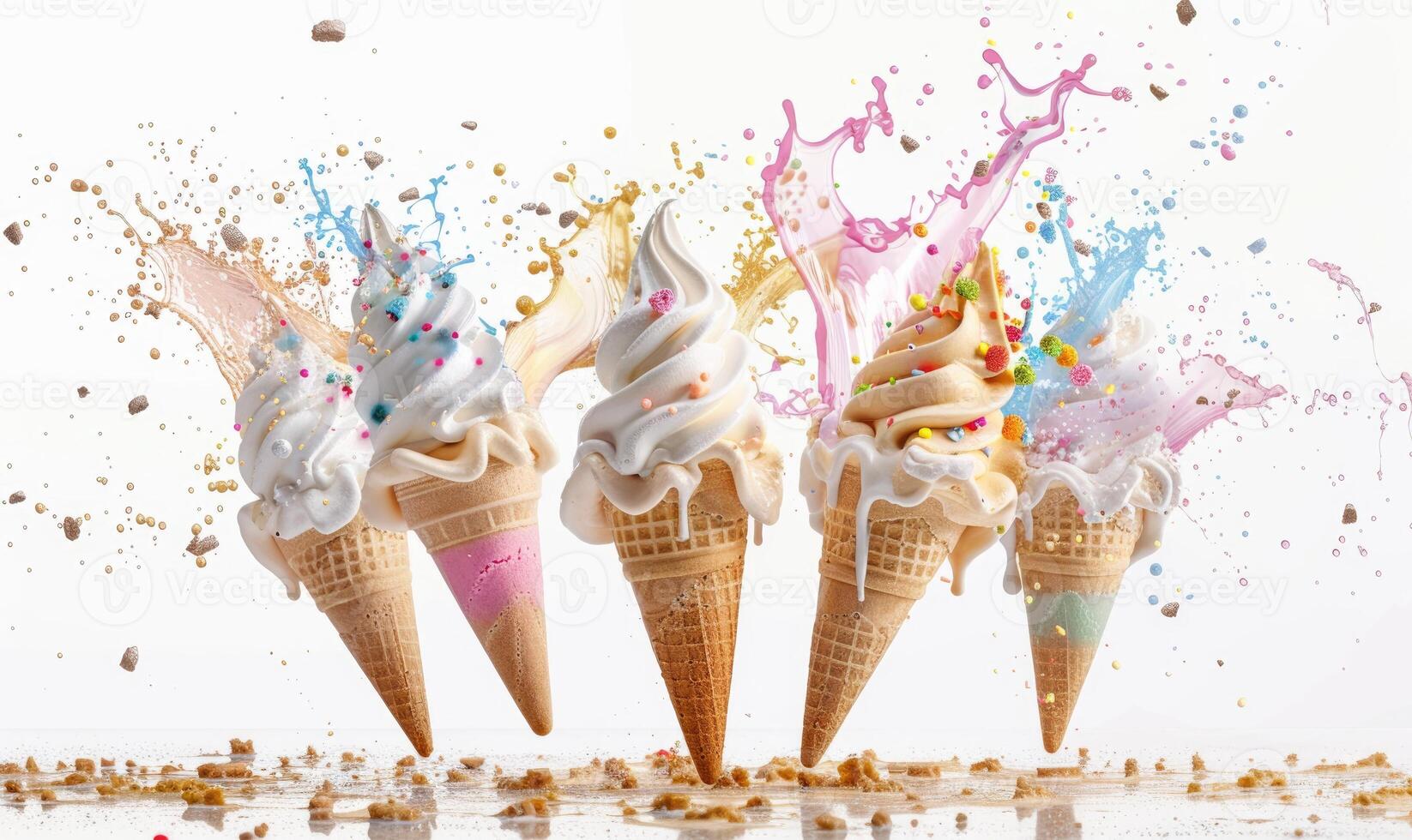 AI generated Ice cream cone explosion on white background photo
