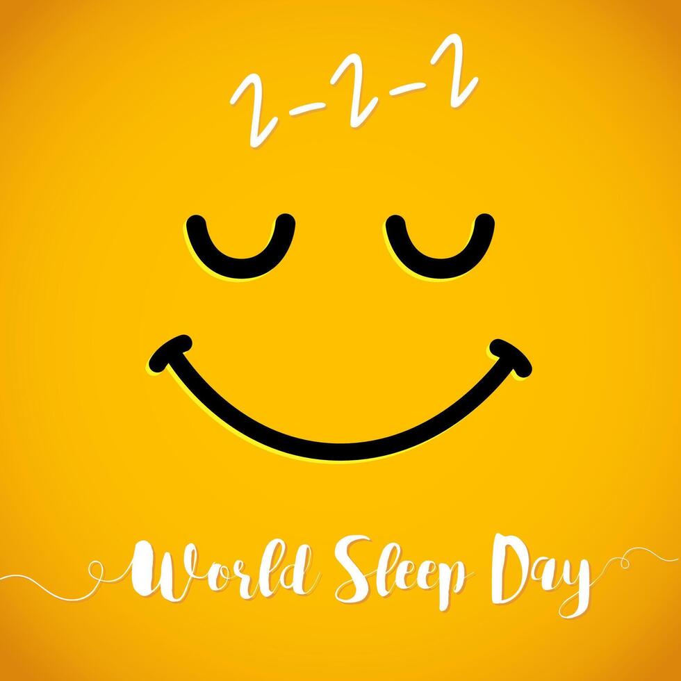 World Sleep Day web poster. Social media yellow face, cute greetings. Internet network post. Sleeping smile icon. Isolated elements. Creative design. Vector illustration. Cute postcard. Modern style.