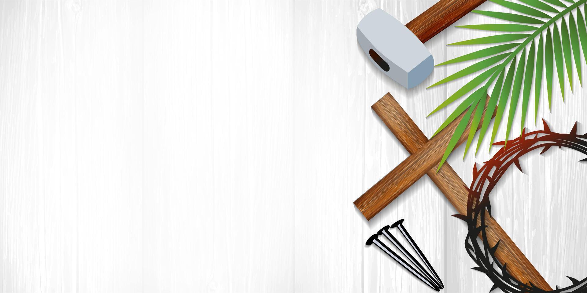 Good Friday concept with crown of thorns, cross, palm, nails and mallet. Postcard blank design vector