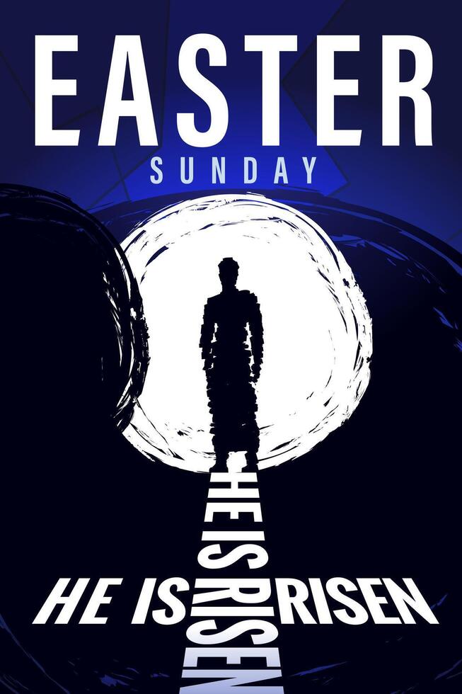 He is risen, Jesus Christ silhouette in open tomb. Church banner. Vector illustration