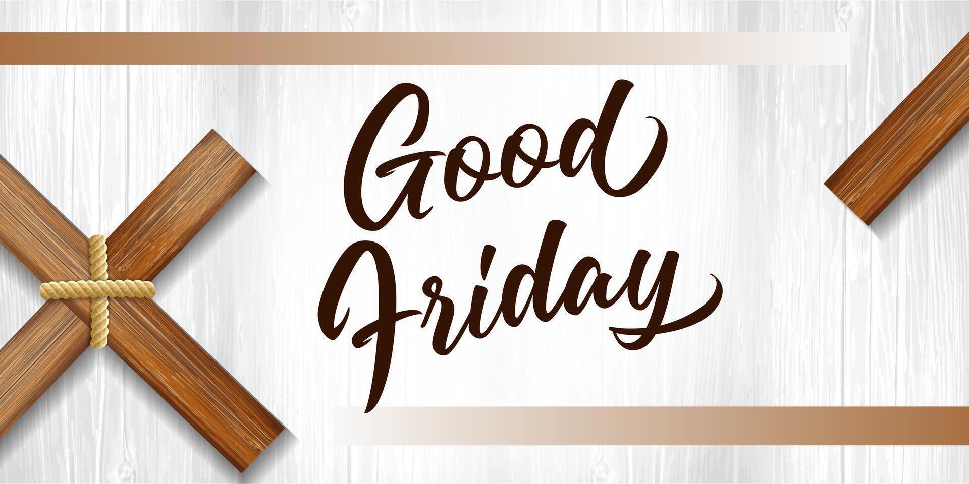 Good Friday horizontal banner with wooden cross frame. Church service invitation card. vector