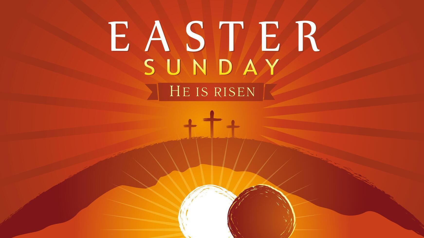 Easter Sunday, tomb and three crosses. Church poster. Vector illustration