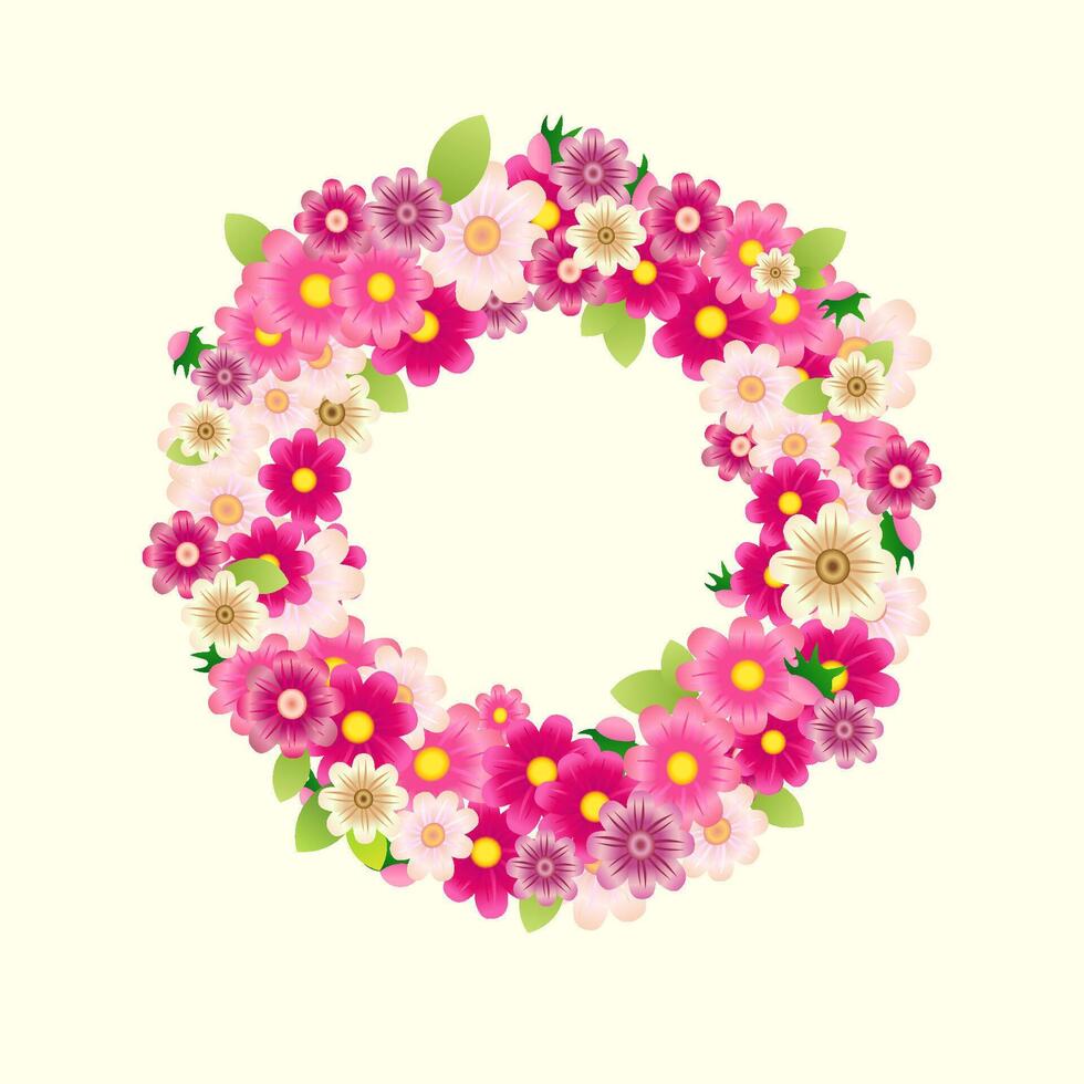 Cute floral wreath. 3D style design. Blank background. Door decoration concept. Round frame with pink flowers and green leaves. Set of vector flowers. Greeting card template. Postcard element.