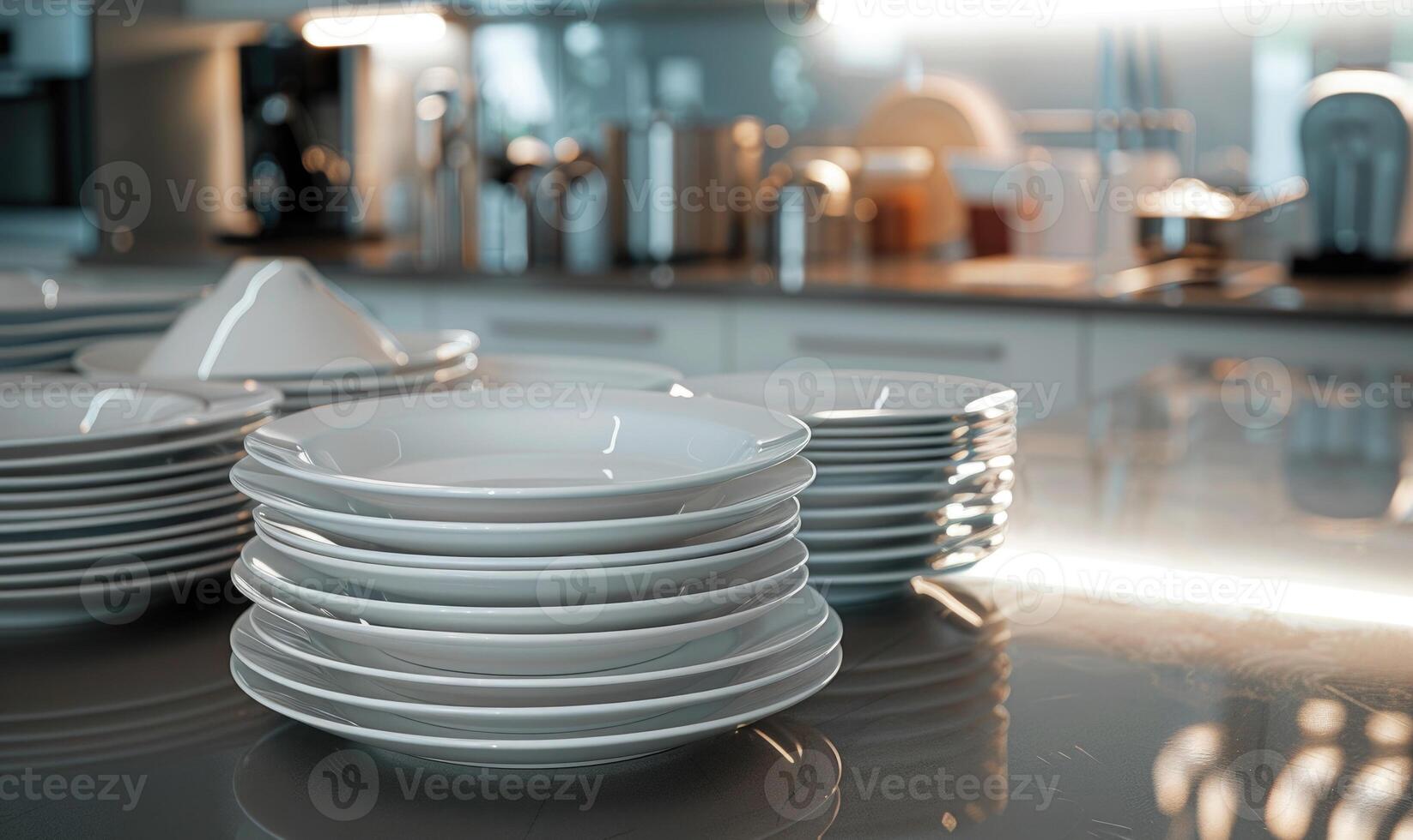 AI generated Close up of clean white plates in a row in a food factory photo