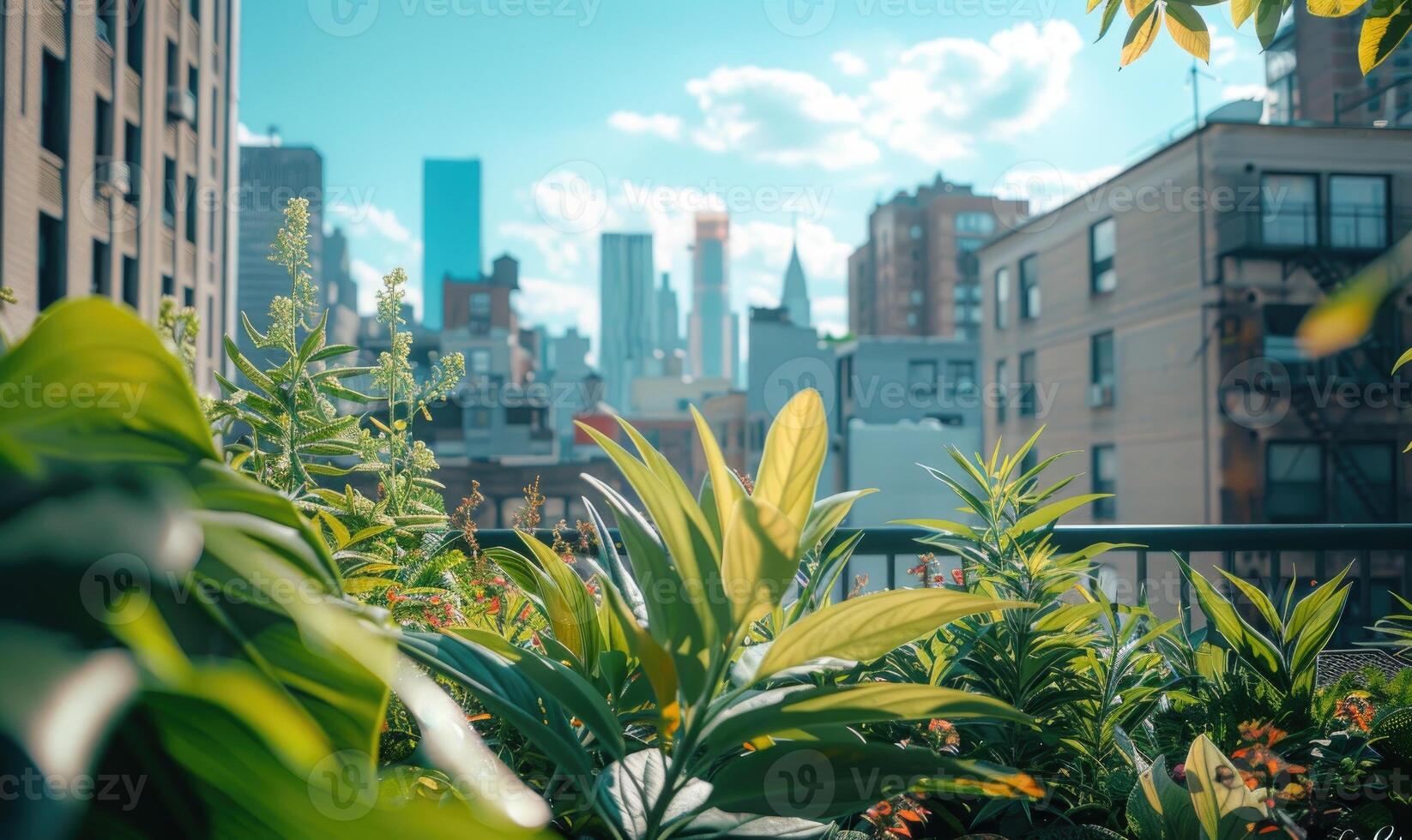 AI generated Urban rooftop garden. Modern skyscrapers, view from a terrace. photo
