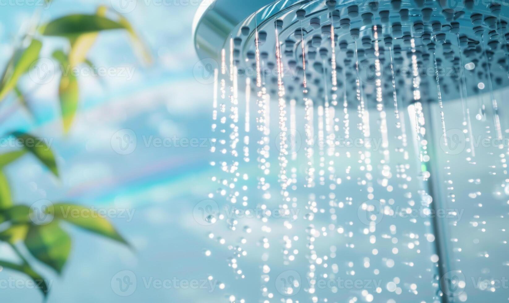 ai generado ducha cabeza con agua gotas y verde plantas en el baño. foto