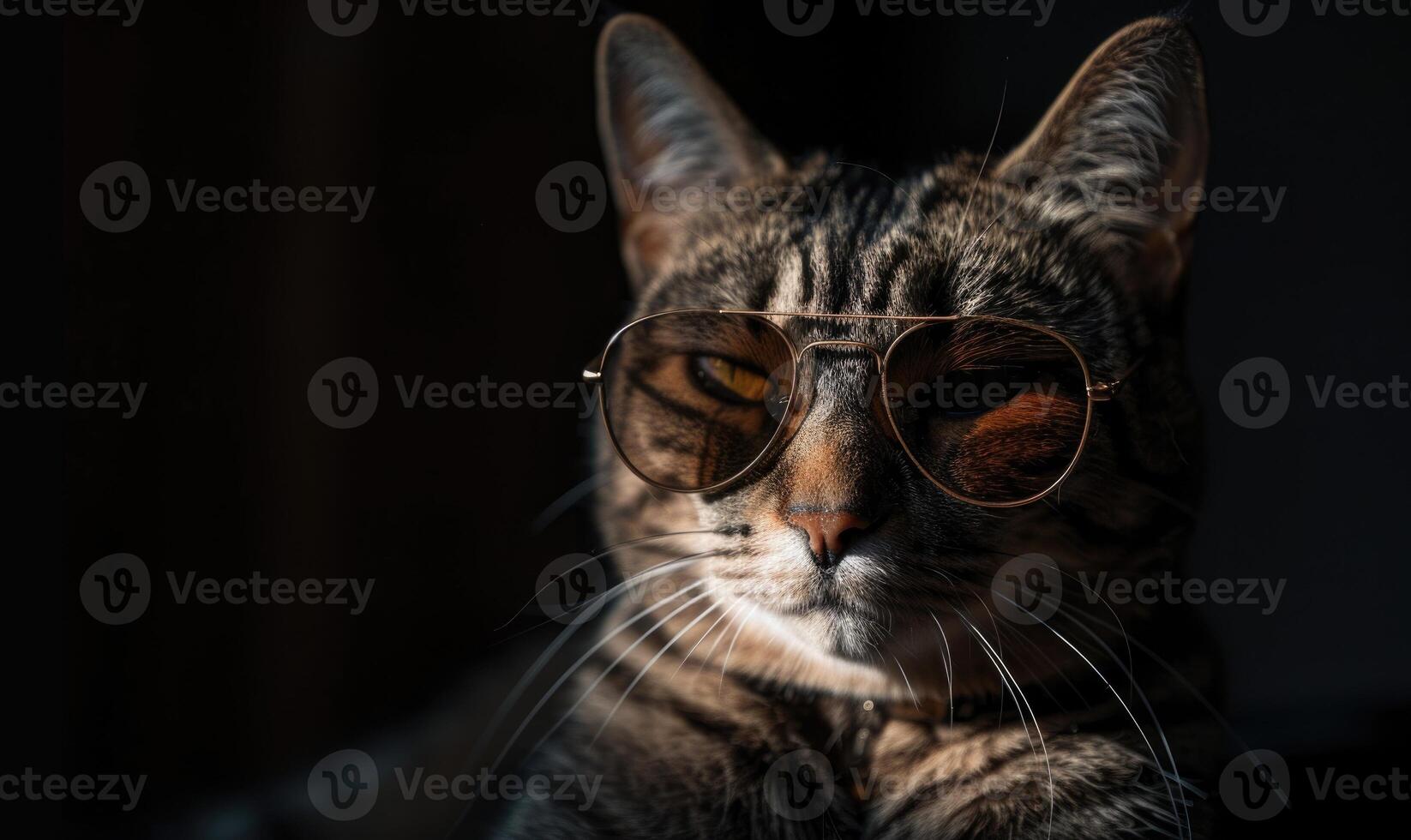 AI generated Close up of a cat wearing sunglasses on black background with copy space photo