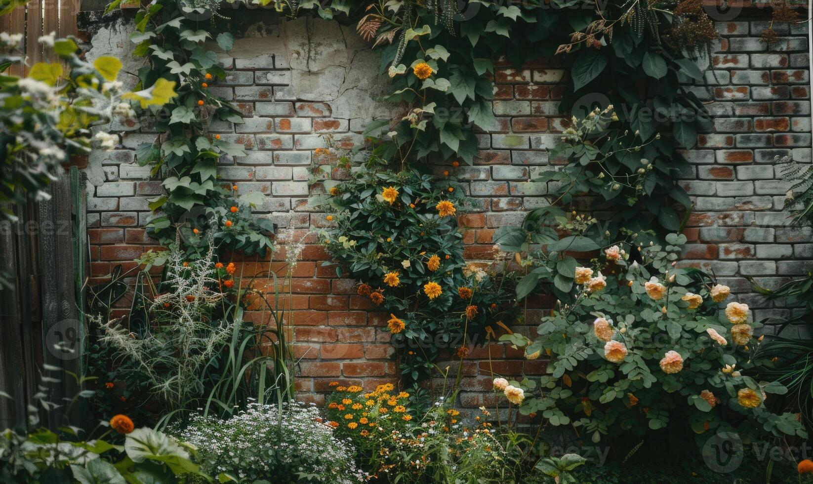 ai generado hermosa naranja rosas en el jardín en ladrillo pared antecedentes con Copiar espacio foto
