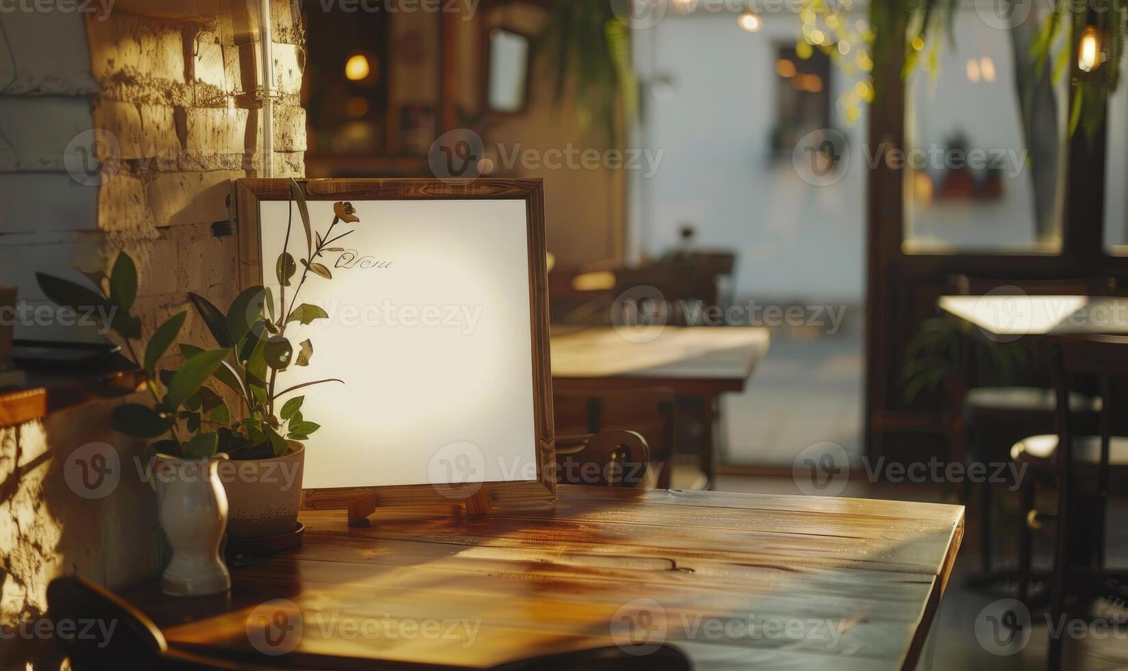 AI generated Blank photo frame on wooden table in cafe. Mockup for design