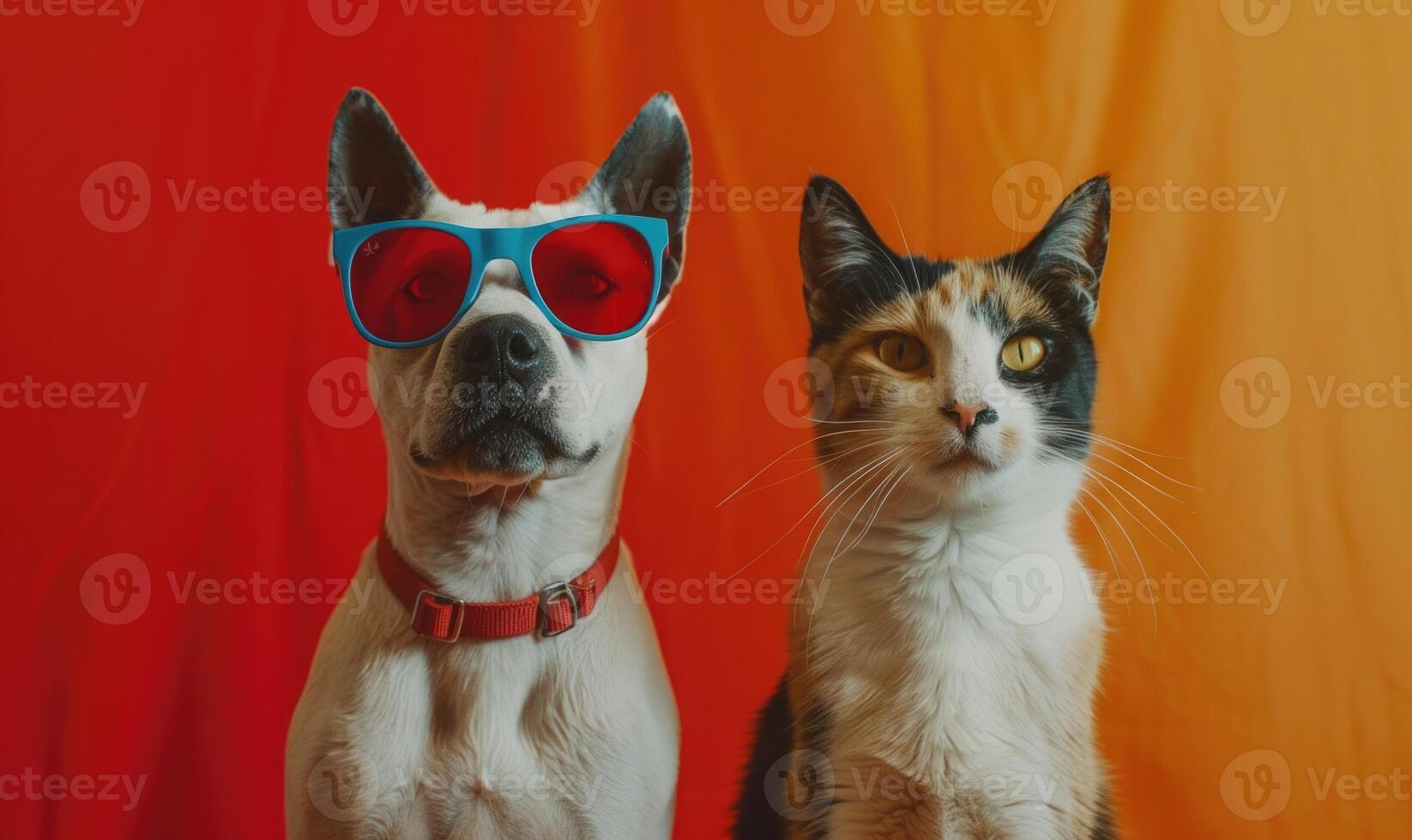 AI generated Cat and dog wearing red sunglasses on orange background. Concept of friendship. photo