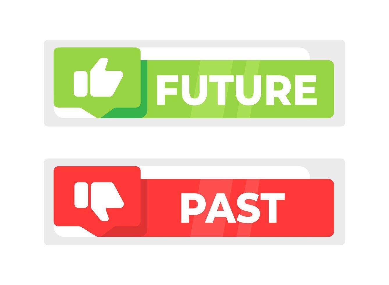 Two speech bubbles with FUTURE in green and PAST in red, symbolizing the contrast and transition between times. vector