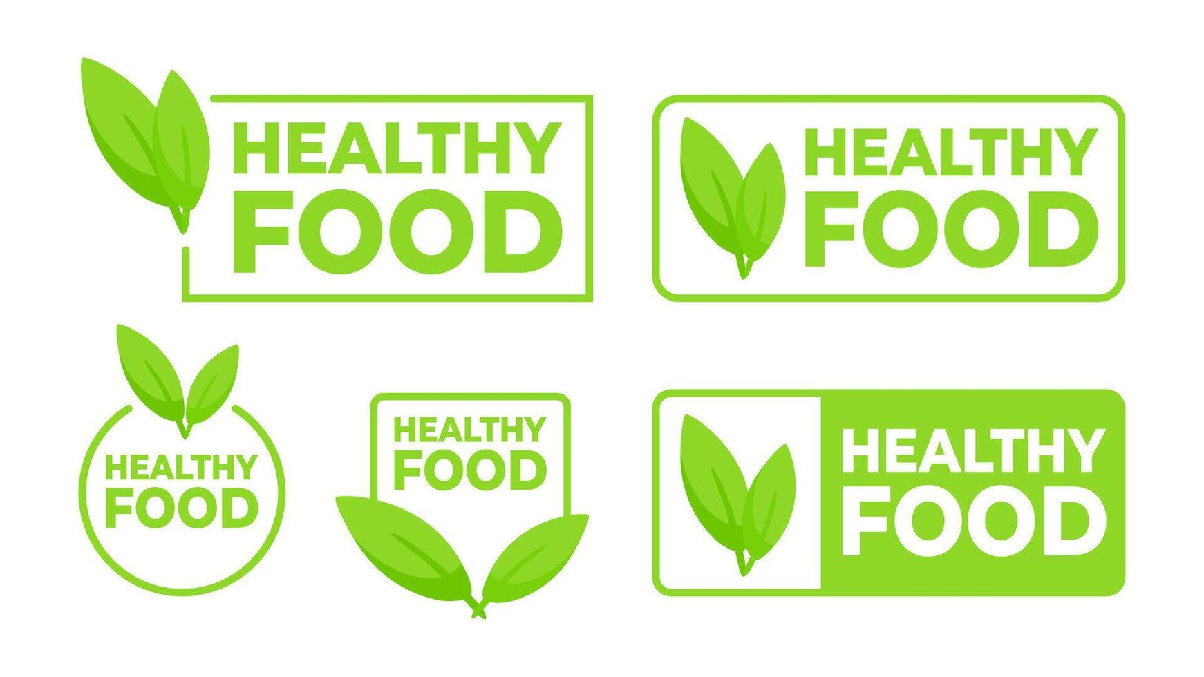 Set of green labels with Healthy Food text and a leaf icon, for marking nutritious and wholesome food options. vector