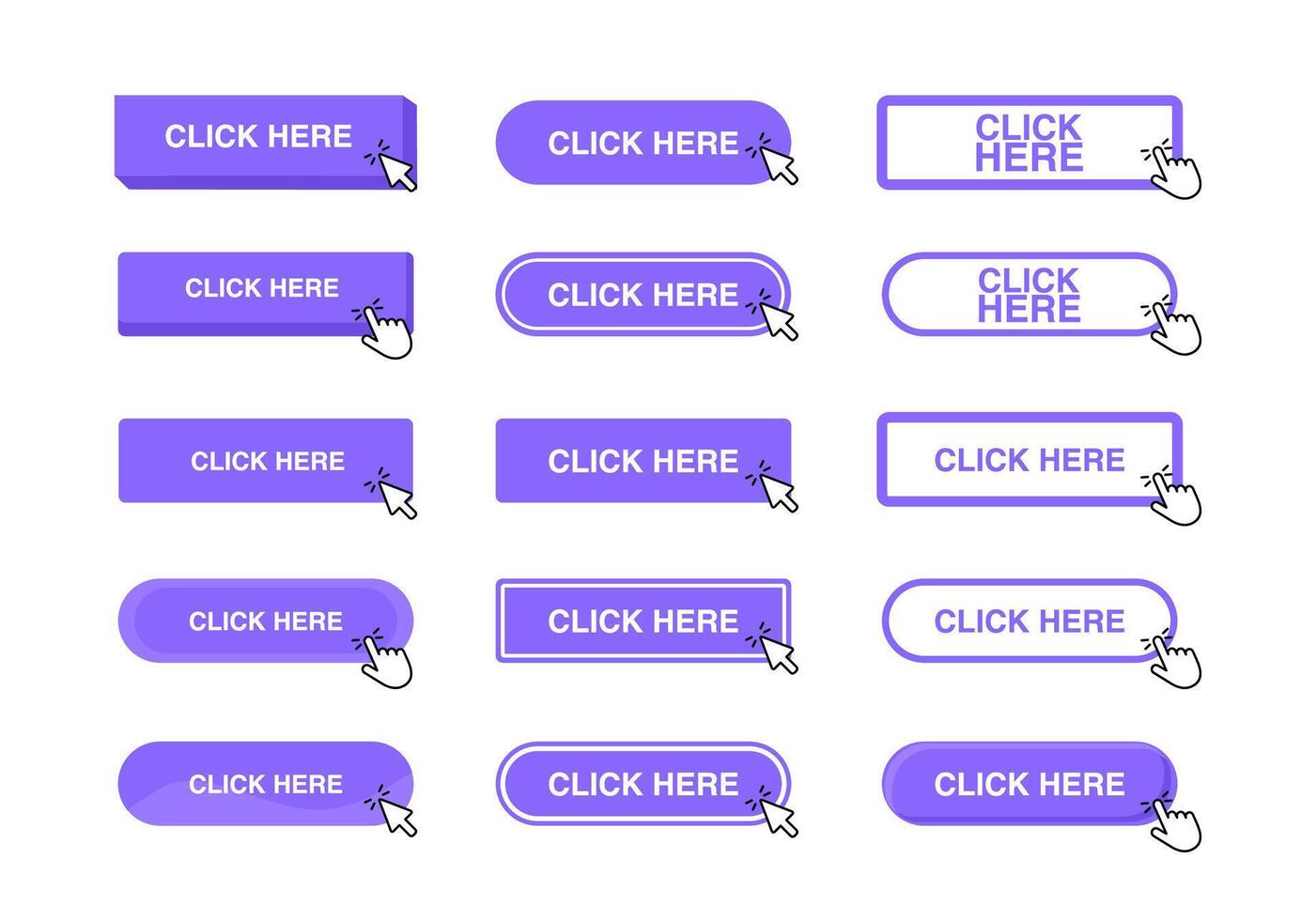 Click here button with hand cursor. Hand pointer clicking. Vector illustration