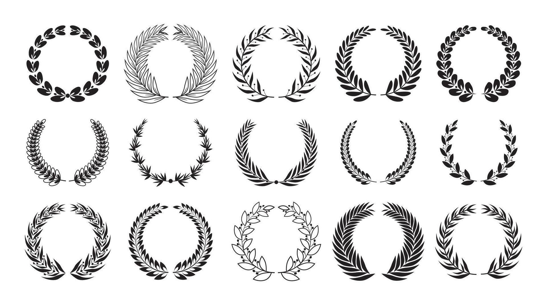 Simple black laurel wreath set. Different frame design elements. Vector illustration