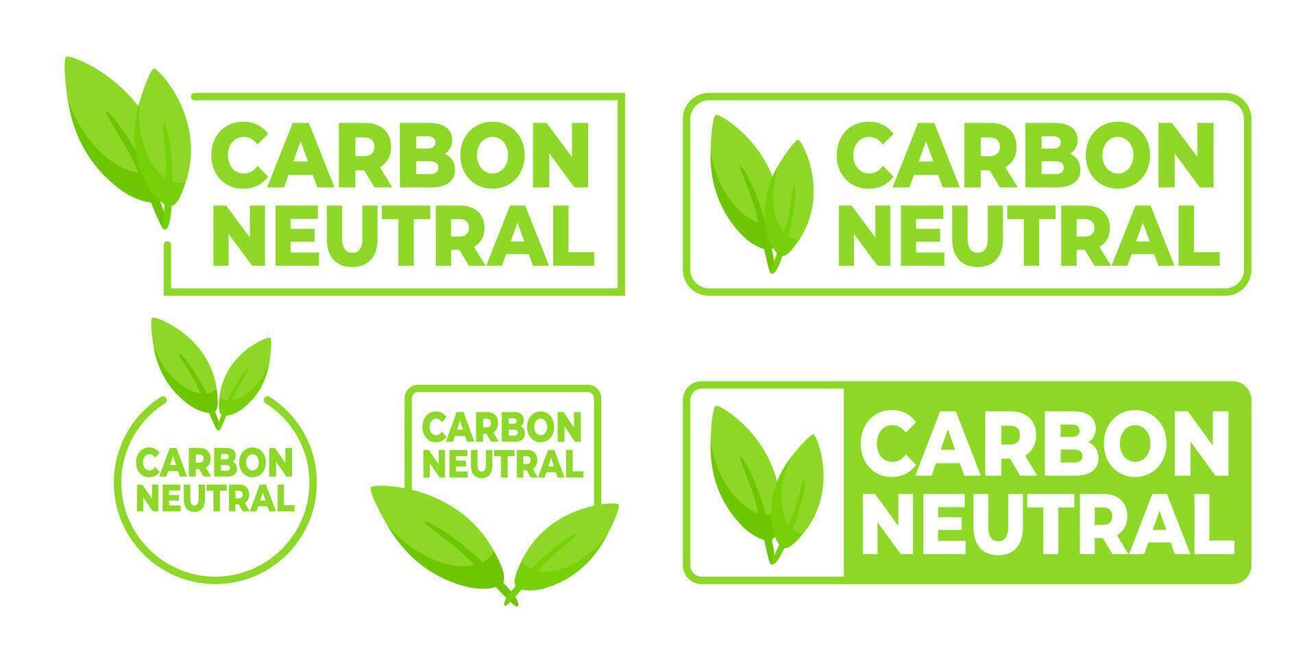 Environmentally conscious labels in green with Carbon Neutral text and a leaf symbol, for products supporting sustainable practices. vector