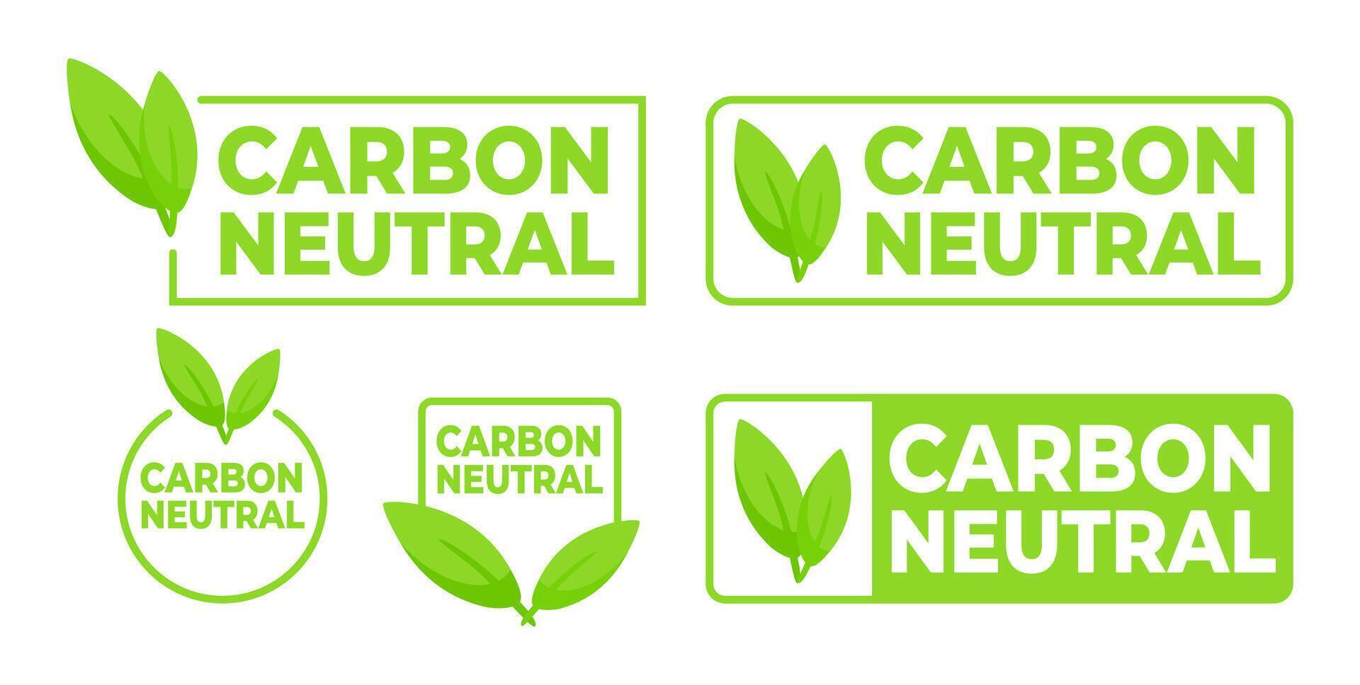 Environmentally conscious labels in green with Carbon Neutral text and a leaf symbol, for products supporting sustainable practices. vector
