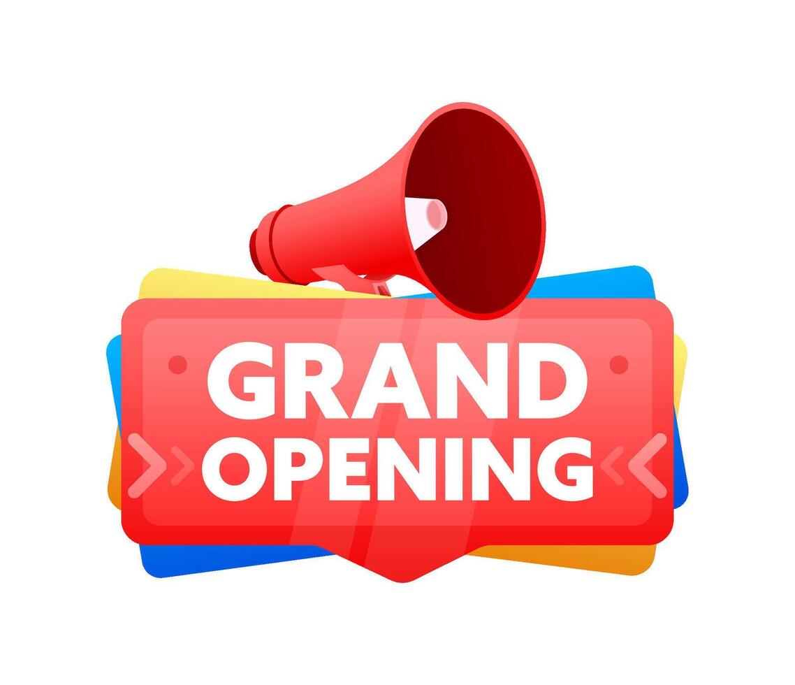 Grand opening. Badge with megaphone banner, label. Marketing and advertising. Vector illustration