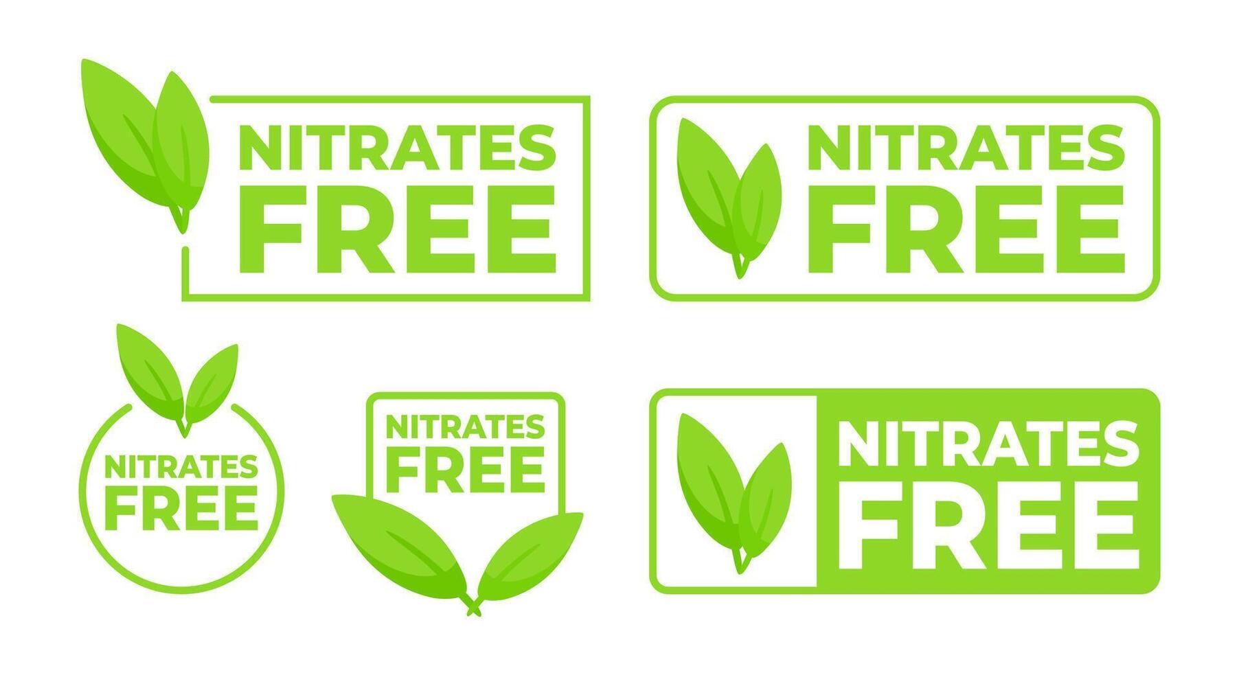 Set of green labels with a leaf design, prominently displaying Nitrates Free for health focused food and product packaging. vector