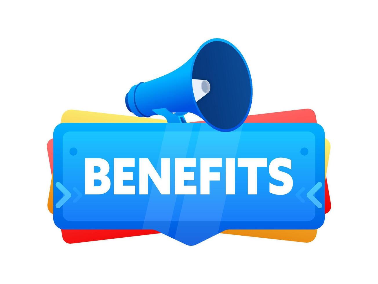 Loudspeaker broadcasting the word Benefits, suitable for workplace announcements. Vector illustration