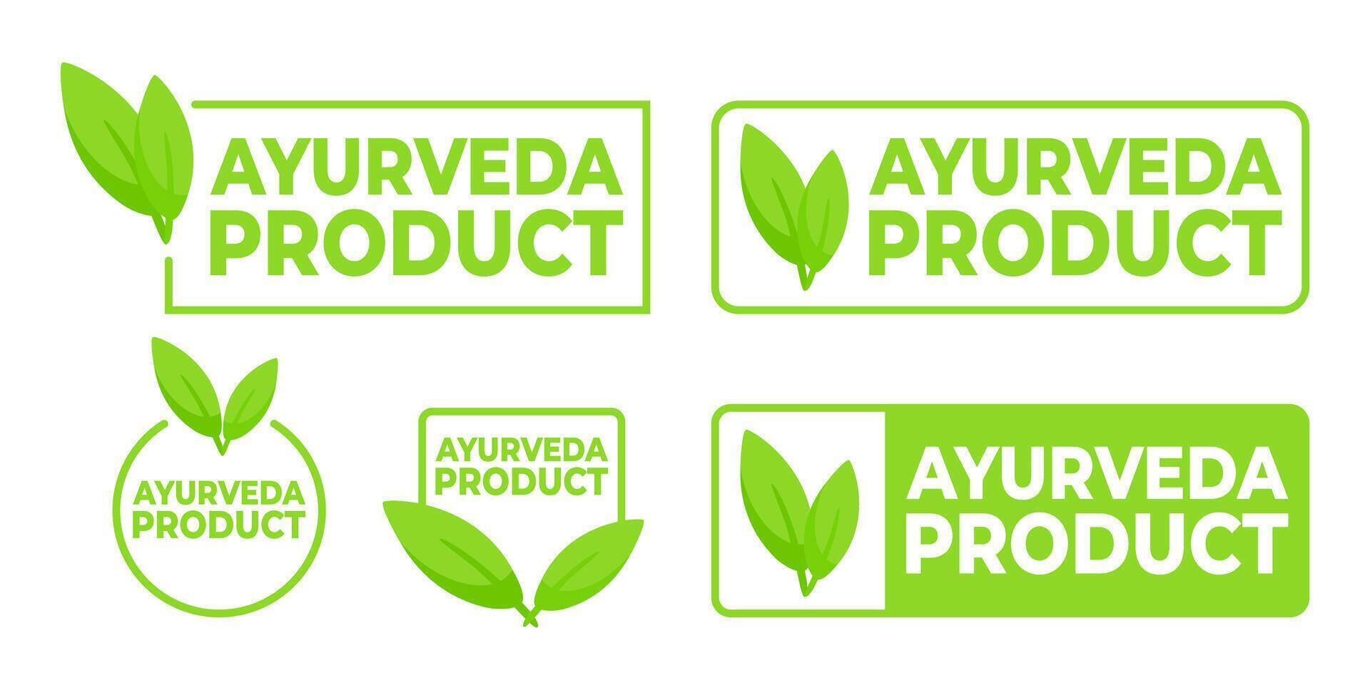 conjunto de etiquetas presentando el texto ayurveda producto con un herbario hoja símbolo, ideal para bienestar y holístico salud productos vector