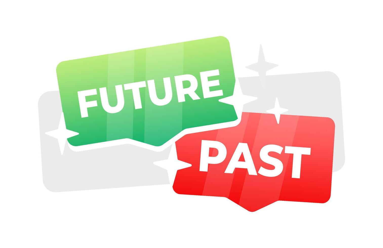 Two speech bubbles with FUTURE in green and PAST in red, symbolizing the contrast and transition between times. vector