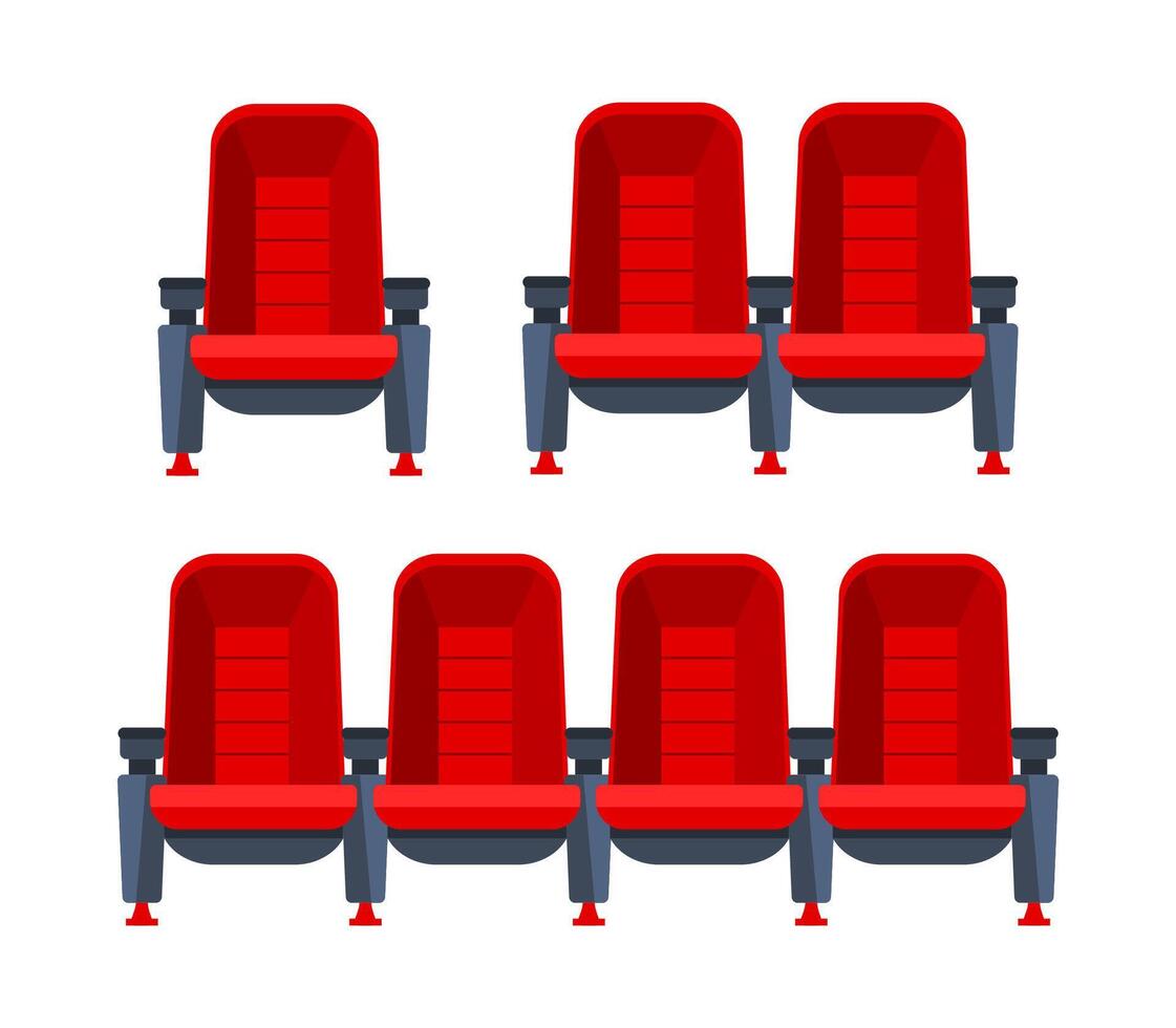 Red movie theater seats for comfortable watching film. Cinema chair. Vector illustration