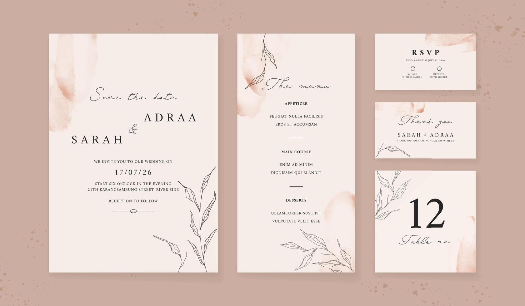 Abstract watercolor wedding invitation template. set of wedding stationery. luxury card and poster background. vector