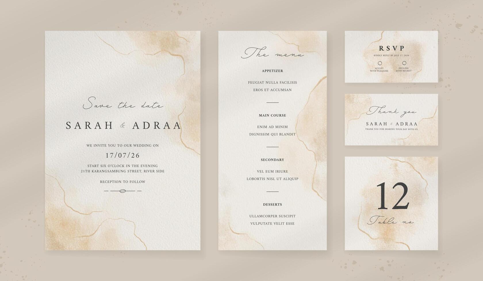 Abstract watercolor wedding invitation template. set of wedding stationery. luxury card and poster background. vector