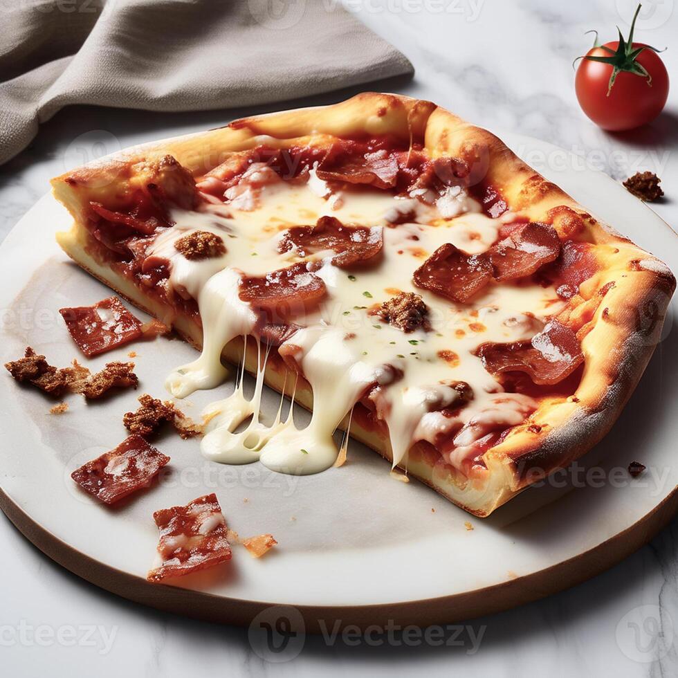 ai generado un rebanada de crujiente Pizza realista con carne y queso blanco antecedentes foto