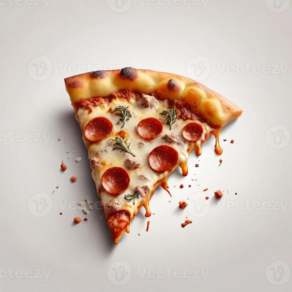 AI generated a slice of crispy pizza realistic with meat and cheese white background photo